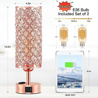 Hong-in Rose Gold Lamp Set of 2, 3-Way Crystal Table Lamp Touch Control with USB-C+A & AC Ports, Dimmable Nightstand Desk Light, Pink Bedside Table Lamp for Bedroom(Bulb Included & Set of 2)