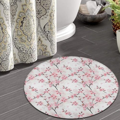 Large Home Decor Mat, Soft Round Yoga Carpet, Non Slip Machine Washable Home Office Circle Rug Cherry Flowers Blossom Japanese Art, 36inch