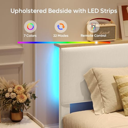 Queen Bed Frame with Storage Headboard & LED, Upholstered, Beige