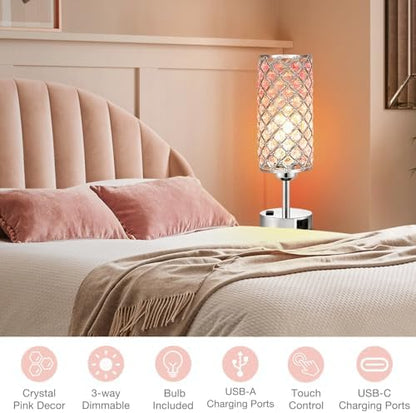 Hong-in Pink Crystal Lamp Set of 2, 3 Way Dimmable Touch Lamp for Bedroom with Crystal Shade, Bedside Nightstand Lamps for Living Room Bedroom Home Office