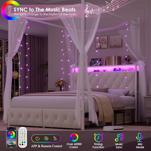 Full Size LED Canopy Bed Frame with Storage & Charging Station, Beige