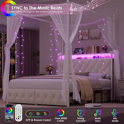 Full Size LED Canopy Bed Frame with Storage & Charging Station, Beige