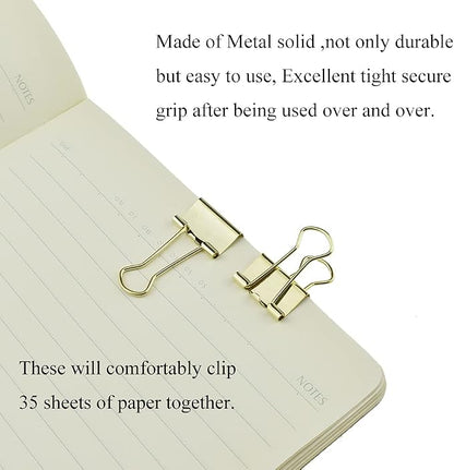 HAHIYO Binder Clips Paper Clamps Spring Steel Sturdy Small 0.75 inches Width 0.2 Inch Capacity No Sharp Edges Heavy Duty Tight Grip Reusable Gold Metal Bright Finish for Home Office School 30 Pack