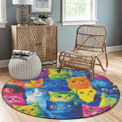 Machine Washable Modern Round Area Rug, Room Sofa Yoga Soft Round Carpet, Home Decor Non Slip Kitchen Office Circle Rug Colorful Cats Art, 24inch