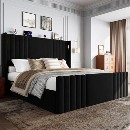 55" Tall Queen Size Platform Bed Frame with 2 Reading Lights, Black