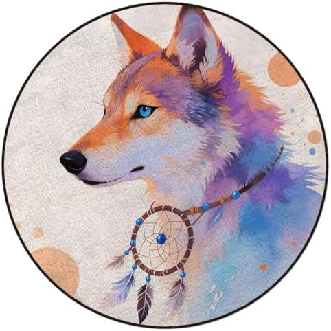 Wolf Watercolor Art Round Gaming Chair Mat for Hardwood Floors, Decorative Animal Illustration Anti-Slip Office & Desk Chair Protector for Rolling Chairs, Multicolor Diameter 51 in