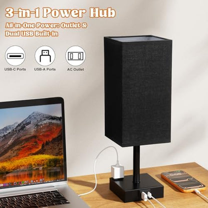 3000K Black Table Lamp for Bedroom - Dimmable Touch, USB C+A, AC Outlet