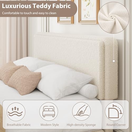 Queen Size Bed Frame with 2 Storage Drawer, Cream Beige