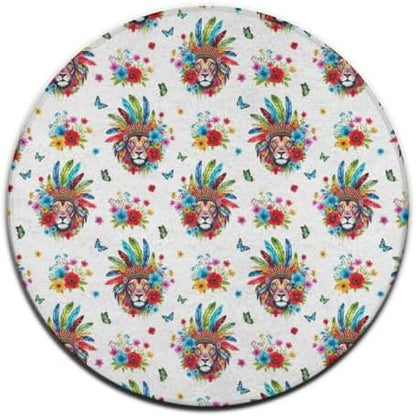 Large Home Decor Mat, Soft Round Yoga Carpet, Non Slip Machine Washable Home Office Circle Rug Colorful Lion Flowers Floral White Art, 36inch