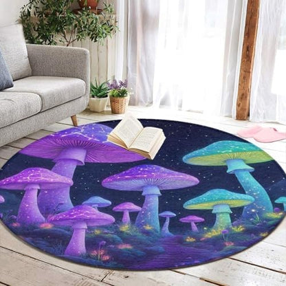 Men's Large Home Decor Mat, Soft Round Yoga Carpet, Non Slip Machine Washable Home Office Circle Rug Neon Mushrooms