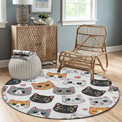 Fashion Round Area Rug Large Non Slip Carpet, Cute Cat Kitten Head Cartoon Cats Unisex Home Decor Mat, 60inch