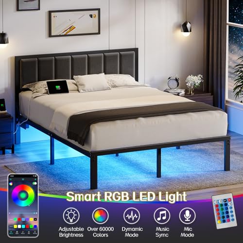 Queen Bed Frame with Headboard, Smart LED & Charging Station