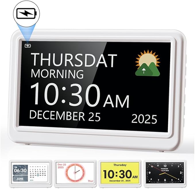 Digital Clock with Date and Day of Week, Dementia Clocks Battery Operated Alarm Clock with 20 Alarms and Medicine Reminders, 7" Large Display Rechargeable Desk Clock for Elderly Seniors Alzheimers
