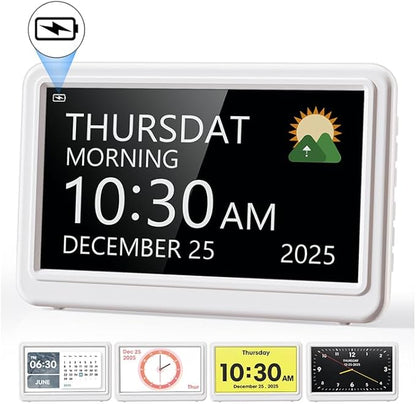 Digital Clock with Date and Day of Week, Dementia Clocks Battery Operated Alarm Clock with 20 Alarms and Medicine Reminders, 7" Large Display Rechargeable Desk Clock for Elderly Seniors Alzheimers