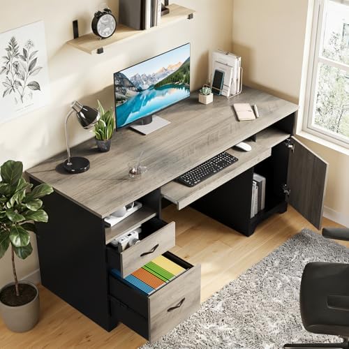 59" Executive Desk, File Drawer, Keyboard Tray & 2 Drawers, Gray