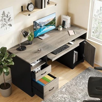 59" Executive Desk, File Drawer, Keyboard Tray & 2 Drawers, Gray