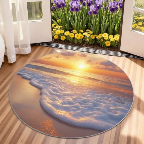 Coastal Round Rug - 8ft Washable Ocean Theme Round Area Rug for Living Room, Marine Landscape Circle Rugs Soft Non-Slip Carpet for Bedroom Dining Table Coffee Table Decor Mat