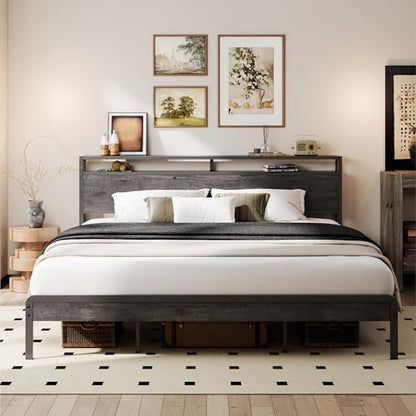 California King Bed Frames with 2-Tier Storage Shelf Headboard