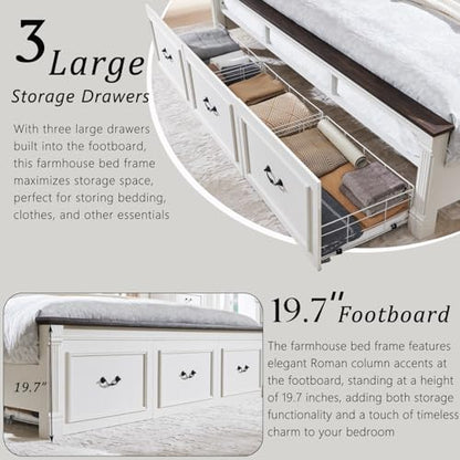 Farmhouse King Size Bed Frame w/51 Tall Headboard, Antique White