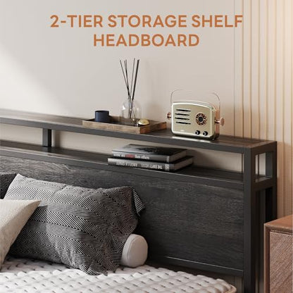 California King Bed Frames with 2-Tier Storage Shelf Headboard