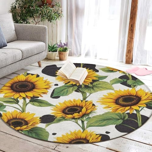 Machine Washable Modern Round Area Rug, Room Sofa Yoga Soft Round Carpet, Home Decor Non Slip Kitchen Office Circle Rug 80s Vintage Cow Print Sunflowers, 36inch
