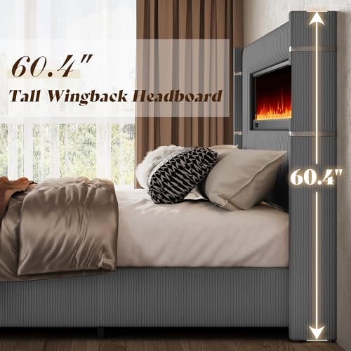 King Bed Frame with Fireplace, Upholstered Headboard, Dark Gray