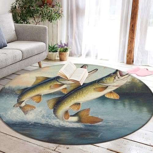 Home Decor Non Slip Kitchen Office Circle Rug, Machine Washable Modern Round Area Rug, Room Sofa Yoga Soft Round Carpet Two Bass Fish Jumping Out of Water Painting, 60inch