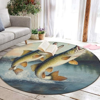 Home Decor Non Slip Kitchen Office Circle Rug, Machine Washable Modern Round Area Rug, Room Sofa Yoga Soft Round Carpet Two Bass Fish Jumping Out of Water Painting, 60inch