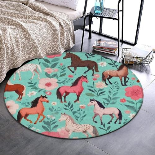 Fashion Round Area Rug Large Non Slip Carpet Unisex Home Decor Mat Floral Flowers Horses