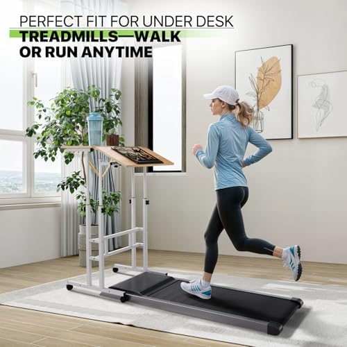 Magshion Rolling Standing Desk with Wheels, Height Adjustable Laptop Desk for Walking Pad, Mobile Workstation with Tilt Top, 28" to 46" Height Range for Home Office & Small Spaces, Natural