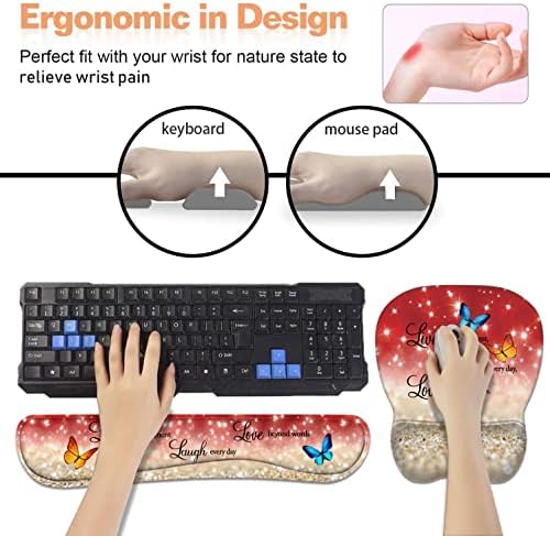 Ergonomic Mouse Pad Wrist Support and Keyboard Wrist Rest Set with Coasters, Non-Slip PU Base, Easy Typing & Pain Relief, Perfect for Home Office Working Studying, Red Glitter Quote Live Laugh Love