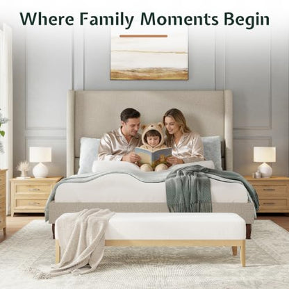 Queen Bed Frame Linen Upholstered Wingback Headboard, Brown