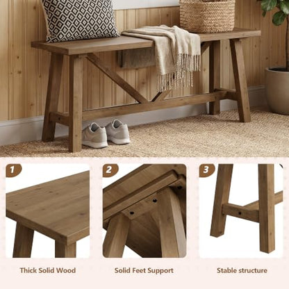 43" Farmhouse Solid Wood Bench, Narrow Long Seat, Natural