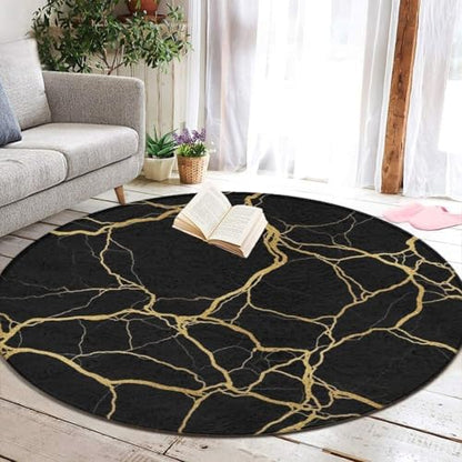 Men's Large Home Decor Mat, Soft Round Yoga Carpet, Non Slip Machine Washable Home Office Circle Rug Black Marble Gold Texture Art, 36inch