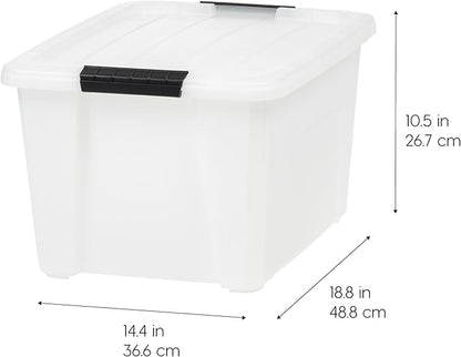 IRIS USA 33 Qt Stackable Plastic Storage Bins with Lids, 8 Pack - BPA-Free, Made in USA - Discreet Organizing Solution, Latches, Durable Nestable Containers, Secure Pull Handle - Pearl