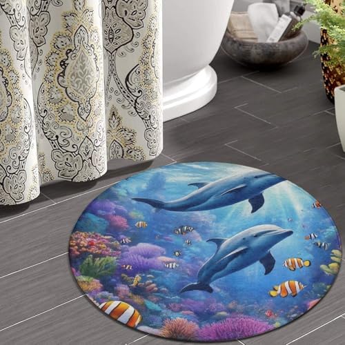 Home Decor Non Slip Kitchen Office Circle Rug, Machine Washable Modern Round Area Rug, Room Sofa Yoga Soft Round Carpet Sea Underwater Beautiful Sea World Dolphins, 60inch