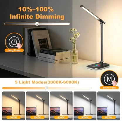 LED Desk Lamp,5 Color Modes, USB Charging Port for Home Office Dimmable Eye Caring Table Light with Timer for Work Study,Reading Lamp Touch Control with RGB,Flexible Rotation Design