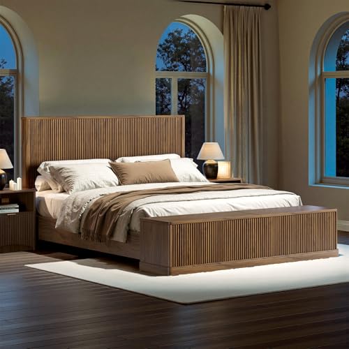 Fluted Walnut King Bed Frame with 51'' Headboard & Storage Bench
