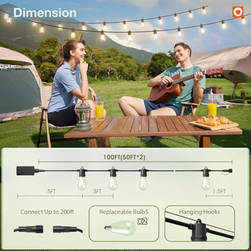 100FT LED Outdoor String Lights, Remote Dimmable Patio Lights with Timer & 3 Lighting Modes, 32 Shatterproof Edison Bulbs, Waterproof Connectable String Lights for Outside Backyard Porch Party