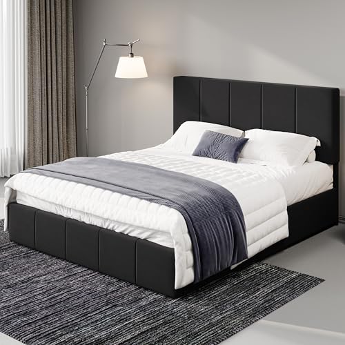 Full Size Dutch Velvet Upholstered Platform Bed Frame/Vertical Channel Tufted Adjustable Headboard/Low Profile Bed Frame/No Box Spring Needed/Easy Assembly/Black