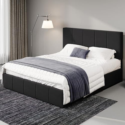 Full Size Dutch Velvet Upholstered Platform Bed Frame/Vertical Channel Tufted Adjustable Headboard/Low Profile Bed Frame/No Box Spring Needed/Easy Assembly/Black