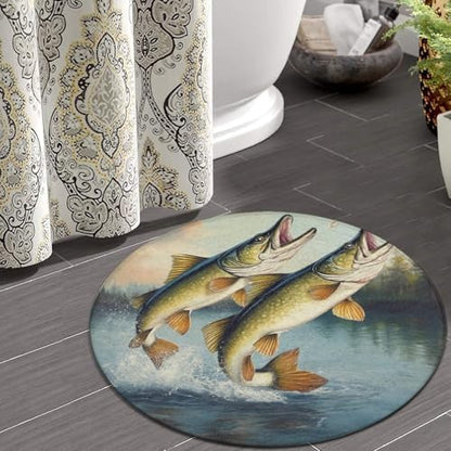 Home Decor Non Slip Kitchen Office Circle Rug, Machine Washable Modern Round Area Rug, Room Sofa Yoga Soft Round Carpet Two Bass Fish Jumping Out of Water Painting, 60inch