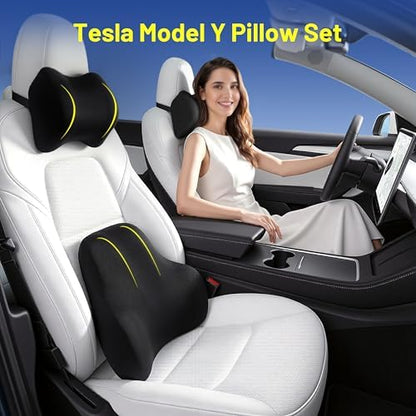 Car Pillow for Tesla Model Y,Car Neck Pillow,Lumbar Support Pillow for Car,Memory Foam Pillow,Ergonomic Pillow,Adjustable and Washable,Car Essentials for Long Trips,Car Accessories,Ice Silk,1 Set