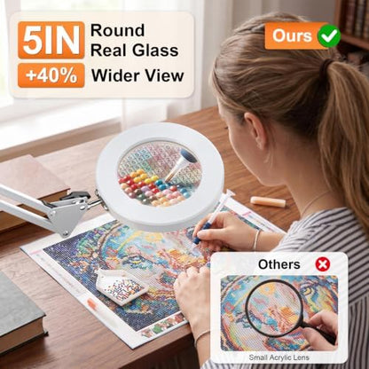 10X Magnifying Glass Lamp w/Clamp, 360° Shadow-Free Light for Close Work