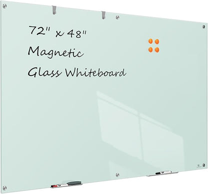 TSJ OFFICE Glass Dry-Erase Board - 72 x 48 Inches (6' X 4') Wall Mounted Glass Magnetic Whiteboard, Extra Large Frameless White Board for Office, Home & School