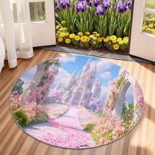Princess Castle Round Area Rug - 3.3ft Floral Castle Round Rug for Kitchen, Dreamy Theme Circle Rugs Washable Soft Non-Slip Carpet for Bathroom Kitchen Decor Mat
