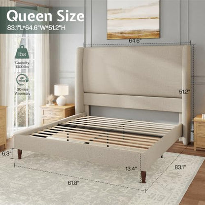 Queen Bed Frame Linen Upholstered Wingback Headboard, Brown