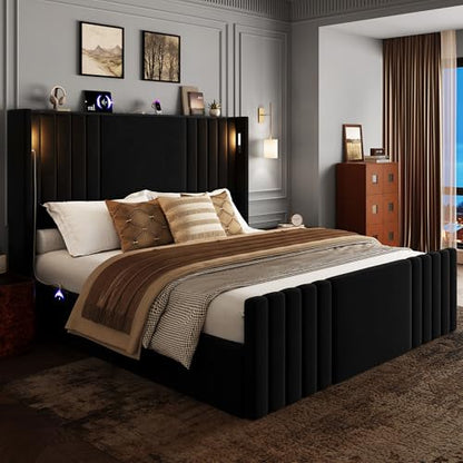 55" Tall Queen Size Platform Bed Frame with 2 Reading Lights, Black