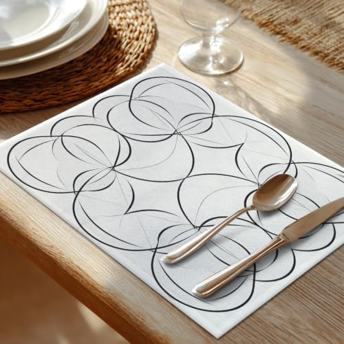 Shrahala Geometric Pattern Placemats, Symmetrical Circle Design Table Mat Linen Burlap Washable Double-Deck Heat Insulation for Dining/Kitchen Table Set of 8 (12 X 18 Inch)