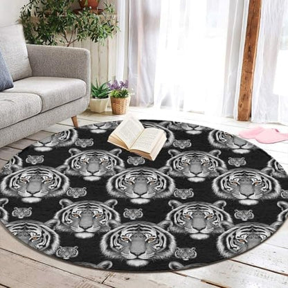 Large Machine Washable Circular Rugs, Home Decor Round Mat for Living Room Sofa Office Animal Tiger Black, 60inch